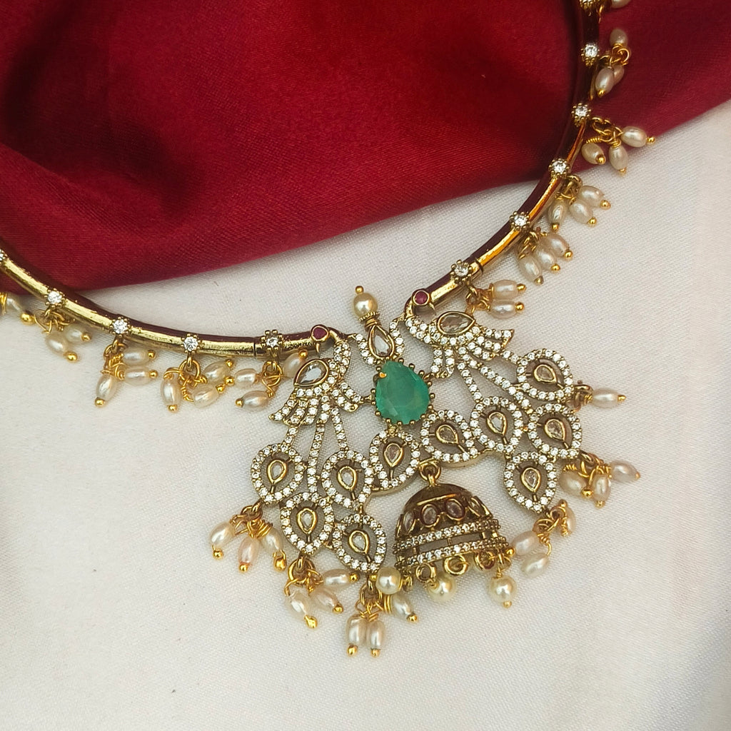 Hasli Victorian Royal Peacock Kemp Choker Set – Antique Gold Finish-NM1003