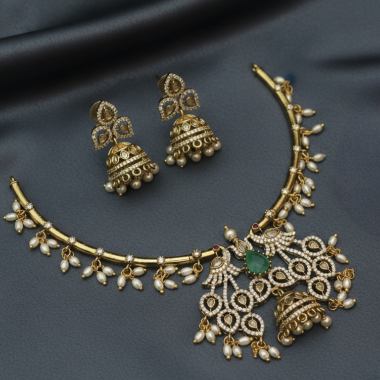 Hasli Victorian Royal Peacock Kemp Choker Set – Antique Gold Finish-NM1003