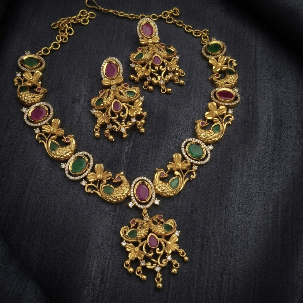 Exquisite Temple-Style Peacock Matte Gold Necklace Set NF1003