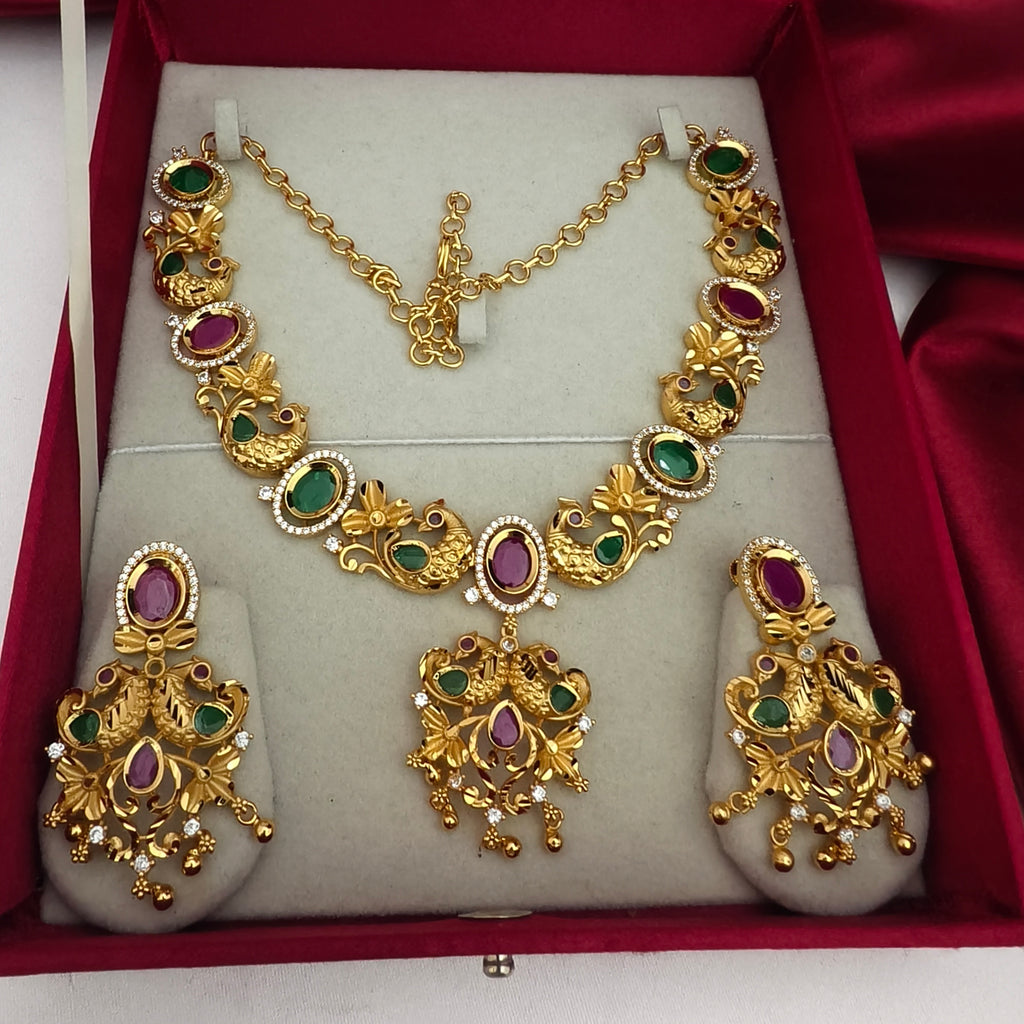 Exquisite Temple-Style Peacock Matte Gold Necklace Set NF1003