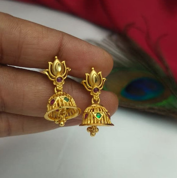 Traditional Gold-Tone Lotus Earrings with Ruby Accents - EC1003