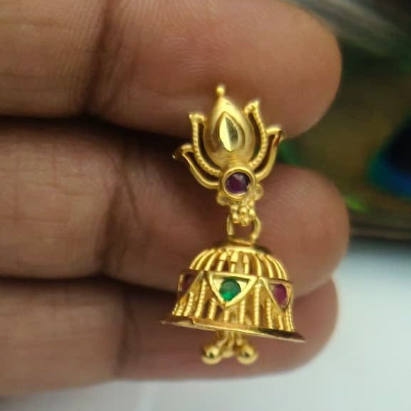 Traditional Gold-Tone Lotus Earrings with Ruby Accents - EC1003