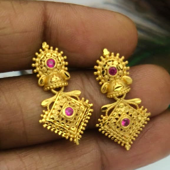 Traditional Gold-Tone Temple Earrings with Ruby Accents - EC1004