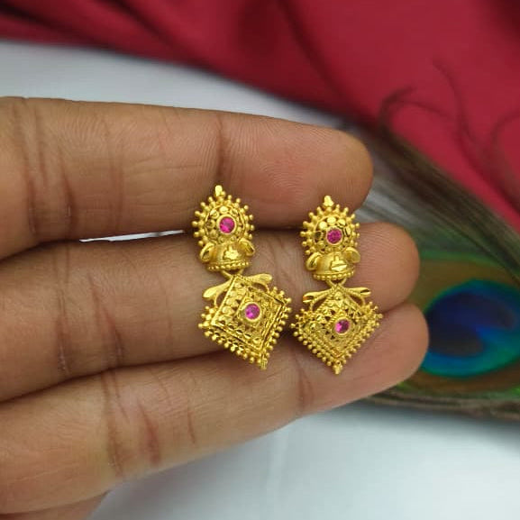 Traditional Gold-Tone Temple Earrings with Ruby Accents - EC1004