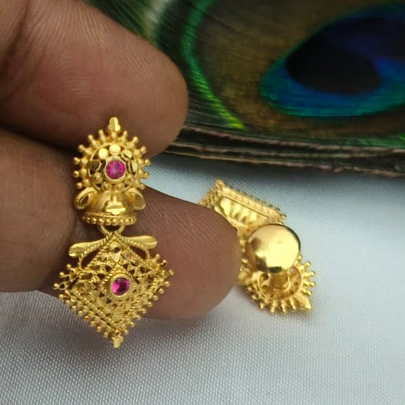 Traditional Gold-Tone Temple Earrings with Ruby Accents - EC1004